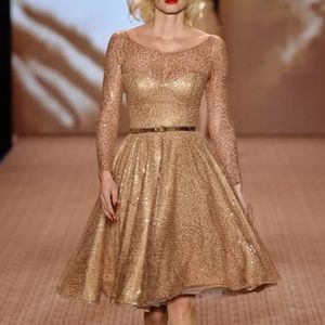 NWOT Gold Sequins Lena Hoschek Starlet Dress Sheer Mid Length Sz Small